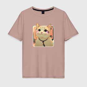 Мужская футболка хлопок Oversize с принтом Cat smiling meme art в Петрозаводске, 100% хлопок | свободный крой, круглый ворот, “спинка” длиннее передней части | 