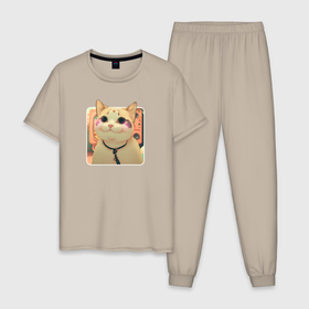 Мужская пижама хлопок с принтом Cat smiling meme art в Белгороде, 100% хлопок | брюки и футболка прямого кроя, без карманов, на брюках мягкая резинка на поясе и по низу штанин
 | 