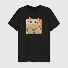 Мужская футболка хлопок Slim с принтом Cat smiling meme art в Петрозаводске, 92% хлопок, 8% лайкра | приталенный силуэт, круглый вырез ворота, длина до линии бедра, короткий рукав | 