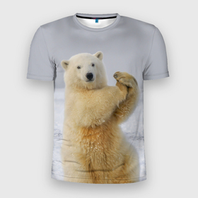 Мужская футболка 3D Slim с принтом Белый медведь разминается в Курске, 100% полиэстер с улучшенными характеристиками | приталенный силуэт, круглая горловина, широкие плечи, сужается к линии бедра | Тематика изображения на принте: 