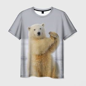 Мужская футболка 3D с принтом Белый медведь разминается в Петрозаводске, 100% полиэфир | прямой крой, круглый вырез горловины, длина до линии бедер | 