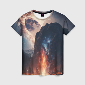 Женская футболка 3D с принтом Галактика как ночное небо над пейзажем в Петрозаводске, 100% полиэфир ( синтетическое хлопкоподобное полотно) | прямой крой, круглый вырез горловины, длина до линии бедер | 
