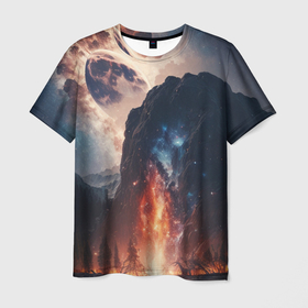 Мужская футболка 3D с принтом Галактика как ночное небо над пейзажем в Тюмени, 100% полиэфир | прямой крой, круглый вырез горловины, длина до линии бедер | 
