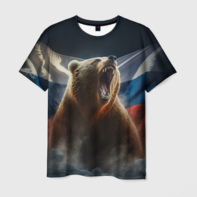 Мужская футболка 3D с принтом Русский медведь патриот в Санкт-Петербурге, 100% полиэфир | прямой крой, круглый вырез горловины, длина до линии бедер | 
