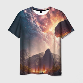 Мужская футболка 3D с принтом Млечный Путь, как небесное творение над ландшафтом в Курске, 100% полиэфир | прямой крой, круглый вырез горловины, длина до линии бедер | 