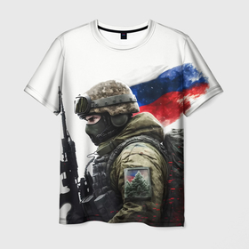 Мужская футболка 3D с принтом Русский воин патриот , 100% полиэфир | прямой крой, круглый вырез горловины, длина до линии бедер | 