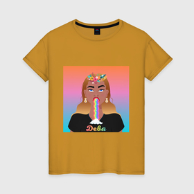 Женская футболка хлопок с принтом Дева с радугой изо рта в Петрозаводске, 100% хлопок | прямой крой, круглый вырез горловины, длина до линии бедер, слегка спущенное плечо | 