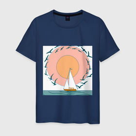 Мужская футболка хлопок с принтом Парусник, окруженный птицами в море на рассвете в Курске, 100% хлопок | прямой крой, круглый вырез горловины, длина до линии бедер, слегка спущенное плечо. | 