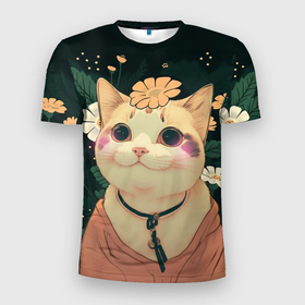 Мужская футболка 3D Slim с принтом Смущённый мемный котик в Курске, 100% полиэстер с улучшенными характеристиками | приталенный силуэт, круглая горловина, широкие плечи, сужается к линии бедра | Тематика изображения на принте: 