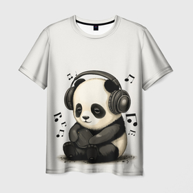 Мужская футболка 3D с принтом Милая панда в наушниках в Новосибирске, 100% полиэфир | прямой крой, круглый вырез горловины, длина до линии бедер | 