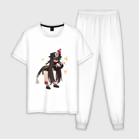 Мужская пижама хлопок с принтом Озорная Ху Тао в Белгороде, 100% хлопок | брюки и футболка прямого кроя, без карманов, на брюках мягкая резинка на поясе и по низу штанин
 | 