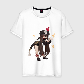 Мужская футболка хлопок с принтом Озорная Ху Тао в Тюмени, 100% хлопок | прямой крой, круглый вырез горловины, длина до линии бедер, слегка спущенное плечо. | Тематика изображения на принте: 