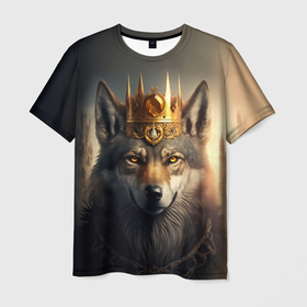 Мужская футболка 3D с принтом Волк в золотой короне в Белгороде, 100% полиэфир | прямой крой, круглый вырез горловины, длина до линии бедер | 