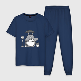 Мужская пижама хлопок с принтом Тоторо с зонтиком в Тюмени, 100% хлопок | брюки и футболка прямого кроя, без карманов, на брюках мягкая резинка на поясе и по низу штанин
 | Тематика изображения на принте: 