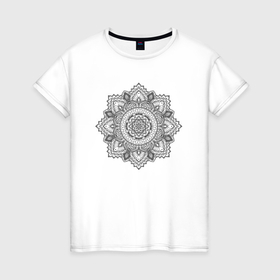 Женская футболка хлопок с принтом Мандала черно белая цветочный узор , 100% хлопок | прямой крой, круглый вырез горловины, длина до линии бедер, слегка спущенное плечо | 