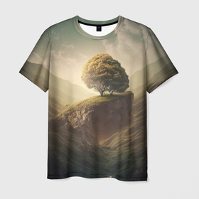 Мужская футболка 3D с принтом Пейзаж с деревом на скале в Новосибирске, 100% полиэфир | прямой крой, круглый вырез горловины, длина до линии бедер | 