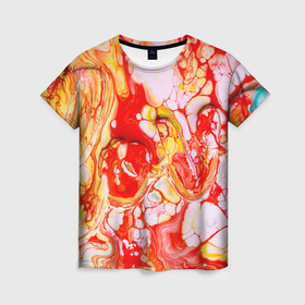 Женская футболка 3D с принтом Абстрактная живопись из красной, жёлтой и белой красок в Курске, 100% полиэфир ( синтетическое хлопкоподобное полотно) | прямой крой, круглый вырез горловины, длина до линии бедер | 