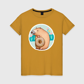 Женская футболка хлопок с принтом Капибара с пончиком , 100% хлопок | прямой крой, круглый вырез горловины, длина до линии бедер, слегка спущенное плечо | 