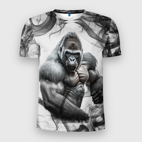 Мужская футболка 3D Slim с принтом Накаченная горилла в Новосибирске, 100% полиэстер с улучшенными характеристиками | приталенный силуэт, круглая горловина, широкие плечи, сужается к линии бедра | Тематика изображения на принте: 