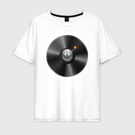 Мужская футболка хлопок Oversize с принтом Виниловая пластинка  смайл бомбочка в Кировске, 100% хлопок | свободный крой, круглый ворот, “спинка” длиннее передней части | Тематика изображения на принте: 