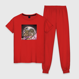 Женская пижама хлопок с принтом Две совы в Курске, 100% хлопок | брюки и футболка прямого кроя, без карманов, на брюках мягкая резинка на поясе и по низу штанин | Тематика изображения на принте: 