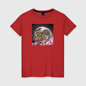 Женская футболка хлопок с принтом Две совы в Курске, 100% хлопок | прямой крой, круглый вырез горловины, длина до линии бедер, слегка спущенное плечо | 