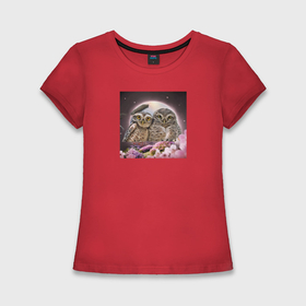 Женская футболка хлопок Slim с принтом Две совы в Курске,  |  | 