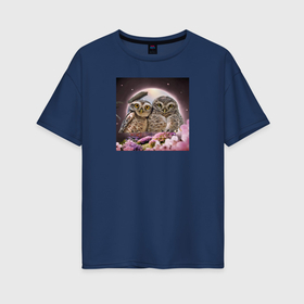 Женская футболка хлопок Oversize с принтом Две совы в Курске, 100% хлопок | свободный крой, круглый ворот, спущенный рукав, длина до линии бедер
 | Тематика изображения на принте: 