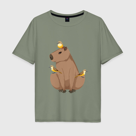 Мужская футболка хлопок Oversize с принтом Капибару с птичками в Тюмени, 100% хлопок | свободный крой, круглый ворот, “спинка” длиннее передней части | 