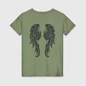 Женская футболка хлопок с принтом Крылья с орнаментом , 100% хлопок | прямой крой, круглый вырез горловины, длина до линии бедер, слегка спущенное плечо | 
