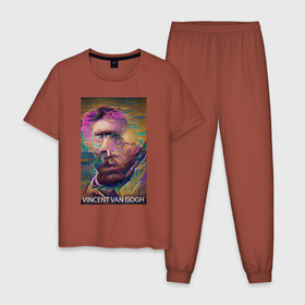 Мужская пижама хлопок с принтом Vincent Van Gogh   автопортрет   нейросеть в Курске, 100% хлопок | брюки и футболка прямого кроя, без карманов, на брюках мягкая резинка на поясе и по низу штанин
 | 
