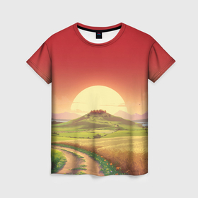 Женская футболка 3D с принтом Тропа и поля на фоне заката и деревушки , 100% полиэфир ( синтетическое хлопкоподобное полотно) | прямой крой, круглый вырез горловины, длина до линии бедер | 