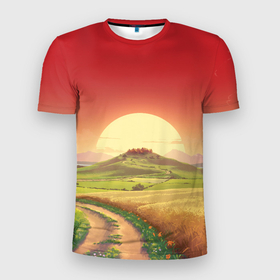 Мужская футболка 3D Slim с принтом Тропа и поля на фоне заката и деревушки в Белгороде, 100% полиэстер с улучшенными характеристиками | приталенный силуэт, круглая горловина, широкие плечи, сужается к линии бедра | 