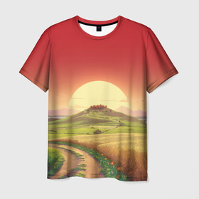 Мужская футболка 3D с принтом Тропа и поля на фоне заката и деревушки в Санкт-Петербурге, 100% полиэфир | прямой крой, круглый вырез горловины, длина до линии бедер | 