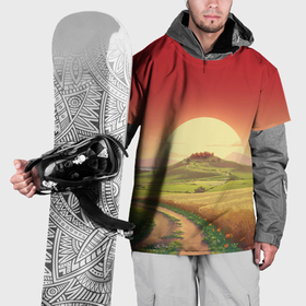 Накидка на куртку 3D с принтом Тропа и поля на фоне заката и деревушки в Новосибирске, 100% полиэстер |  | 