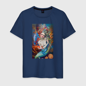Мужская футболка хлопок с принтом Волшебная русалка под водой в Тюмени, 100% хлопок | прямой крой, круглый вырез горловины, длина до линии бедер, слегка спущенное плечо. | Тематика изображения на принте: 