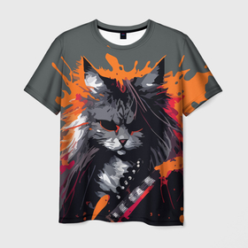 Мужская футболка 3D с принтом Rocker Cat on a gray background   C Cats collection   HufSya в Кировске, 100% полиэфир | прямой крой, круглый вырез горловины, длина до линии бедер | 