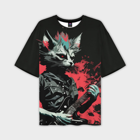 Мужская футболка oversize 3D с принтом Rocker Cat on a black background   C Cats collection   HufSya ,  |  | 