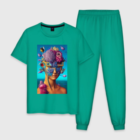 Мужская пижама хлопок с принтом Цветочные очки   fantasy   нейросеть в Новосибирске, 100% хлопок | брюки и футболка прямого кроя, без карманов, на брюках мягкая резинка на поясе и по низу штанин
 | Тематика изображения на принте: 