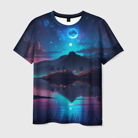 Мужская футболка 3D с принтом Ночное небо, пейзаж в Новосибирске, 100% полиэфир | прямой крой, круглый вырез горловины, длина до линии бедер | Тематика изображения на принте: 