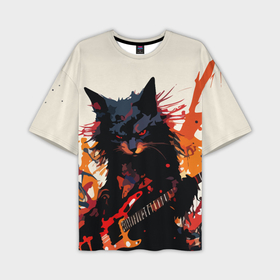 Мужская футболка oversize 3D с принтом Black rocker cat on a light background   C Cats collection   HufSya ,  |  | 