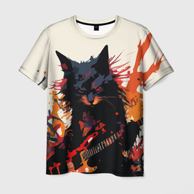 Мужская футболка 3D с принтом Black rocker cat on a light background   C Cats collection   HufSya в Екатеринбурге, 100% полиэфир | прямой крой, круглый вырез горловины, длина до линии бедер | Тематика изображения на принте: 