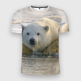 Мужская футболка 3D Slim с принтом Белый медведь ожидает в Белгороде, 100% полиэстер с улучшенными характеристиками | приталенный силуэт, круглая горловина, широкие плечи, сужается к линии бедра | 