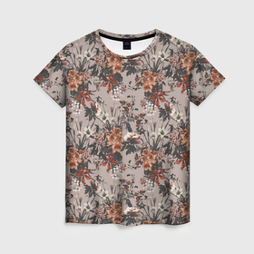Женская футболка 3D с принтом Узор из цветов , 100% полиэфир ( синтетическое хлопкоподобное полотно) | прямой крой, круглый вырез горловины, длина до линии бедер | 