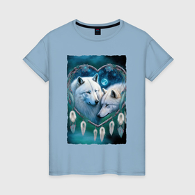 Женская футболка хлопок с принтом Влюбленные белые волки и ловец снов , 100% хлопок | прямой крой, круглый вырез горловины, длина до линии бедер, слегка спущенное плечо | 
