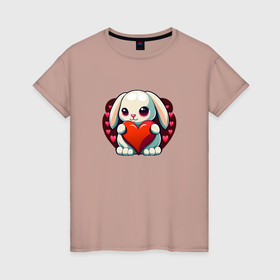 Женская футболка хлопок с принтом Милый зайчик с сердцем   валентинка в Курске, 100% хлопок | прямой крой, круглый вырез горловины, длина до линии бедер, слегка спущенное плечо | 