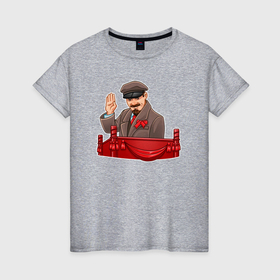 Женская футболка хлопок с принтом Ленин приветствует в Новосибирске, 100% хлопок | прямой крой, круглый вырез горловины, длина до линии бедер, слегка спущенное плечо | 