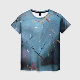 Женская футболка 3D с принтом Тёмно синий абстрактный туман и краски в Петрозаводске, 100% полиэфир ( синтетическое хлопкоподобное полотно) | прямой крой, круглый вырез горловины, длина до линии бедер | Тематика изображения на принте: 