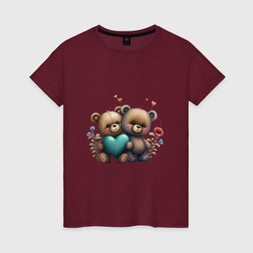 Женская футболка хлопок с принтом Плюшевые медведи с сердцем в Кировске, 100% хлопок | прямой крой, круглый вырез горловины, длина до линии бедер, слегка спущенное плечо | 