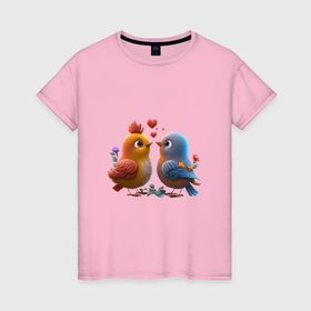 Женская футболка хлопок с принтом Птички в любви , 100% хлопок | прямой крой, круглый вырез горловины, длина до линии бедер, слегка спущенное плечо | 